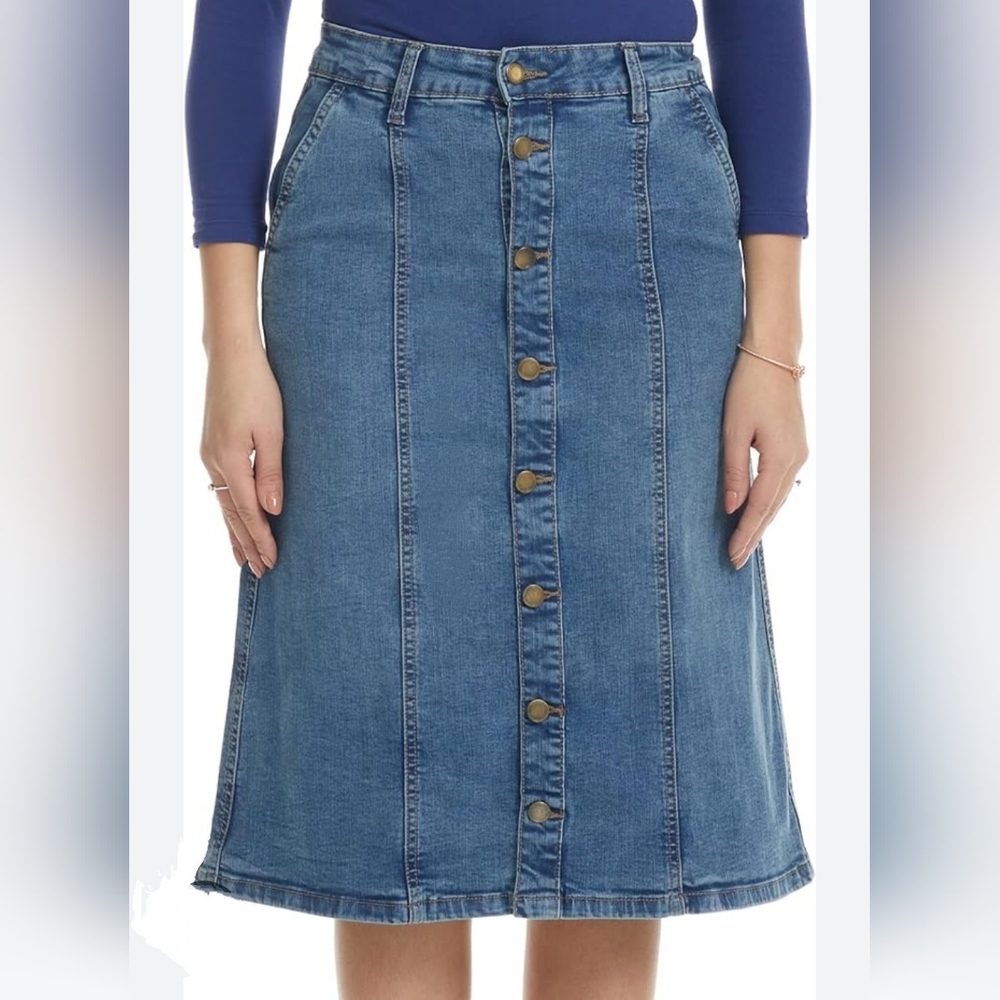 Esteez Women's Knee Length A Line Stretch Denim Jean Skirt Pockets Sz 16